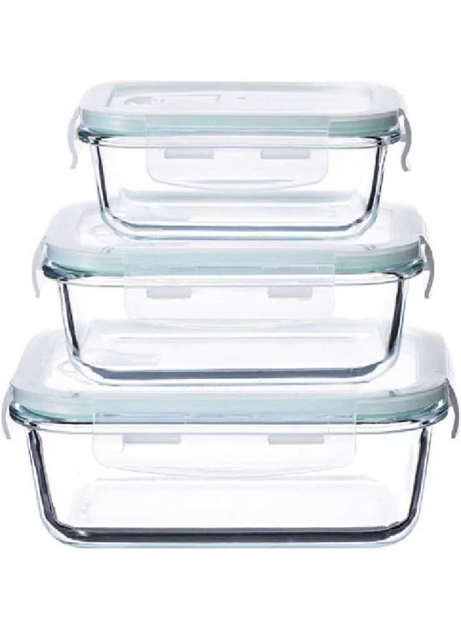 High Quality Glass Food Container Set Made of High Borosilicate Glass, Rectangular Shape with Snap Closure, Leakproof Glass Meal Prep, BPA Free, Set of 3 (410ml + 680ml + 1040ml) - Clear - Image 2
