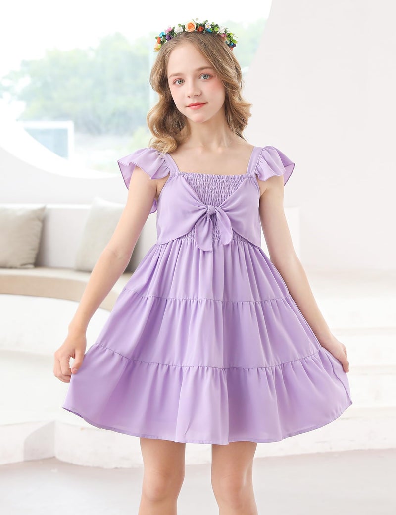 Vogseek Purple Dress for Girls Size 8 10 Tweens Short Sleeve Bowknot Flowy Dresses Big Girl Spring Cute Square Neck Frock Teens Size 8-10 Valentines Easter Semi Formal Party Girl's Dresses 9 10 Years - Image 2