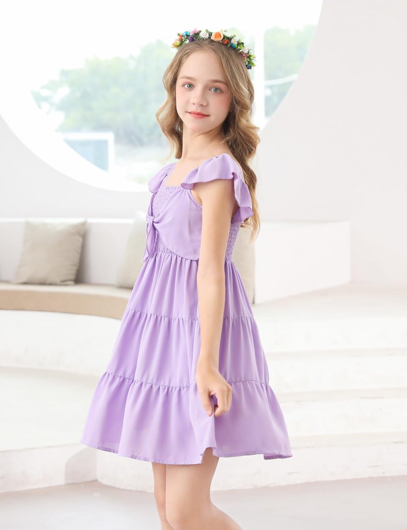 Vogseek Purple Dress for Girls Size 8 10 Tweens Short Sleeve Bowknot Flowy Dresses Big Girl Spring Cute Square Neck Frock Teens Size 8-10 Valentines Easter Semi Formal Party Girl's Dresses 9 10 Years - Image 3