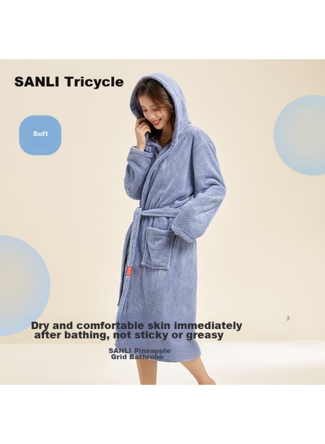 Sanli Pineapple Grid Home Bathrobe Men's Quick-drying Water-absorbent Non-shedding Bath Towel Style Bathrobe Couple Women's Nightgown Blue L - Image 1