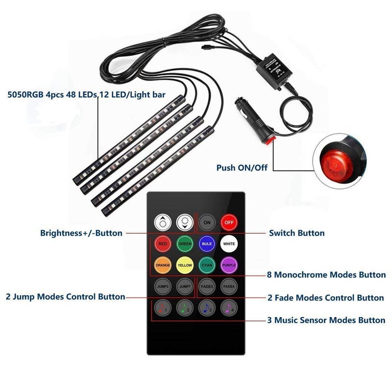Automaze 4pcs 48 LED DC 12V Multicolour Music Car Strip Atmosphere Lamp Light for Car Interior Under Dash Lighting Kit with Sound Active Function and Wireless Remote Control - Image 2