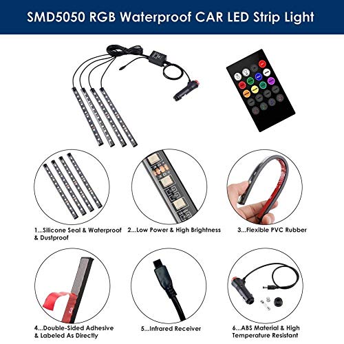 Automaze 4pcs 48 LED DC 12V Multicolour Music Car Strip Atmosphere Lamp Light for Car Interior Under Dash Lighting Kit with Sound Active Function and Wireless Remote Control - Image 3