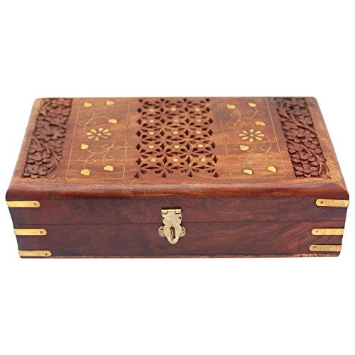 ITOS365 Handmade Wooden Jewellery Box for Women Jewel Organizer Hand Carved with Intricate Carvings Gift Items - 10 inches - Image 1