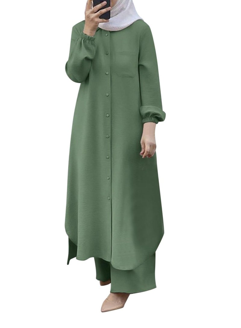 general Muslim Women's 2-Piece Set, Long Sleeve Button-Down Shirt and Pants, Casual Dress, Women's Long Sleeve Shirt Long Pants Set - Image 1