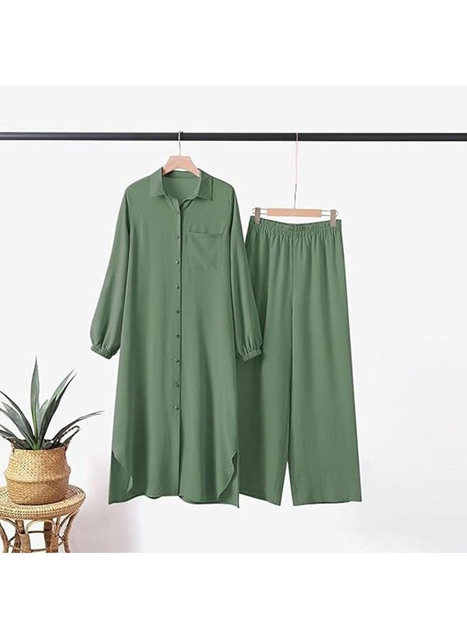 general Muslim Women's 2-Piece Set, Long Sleeve Button-Down Shirt and Pants, Casual Dress, Women's Long Sleeve Shirt Long Pants Set - Image 2