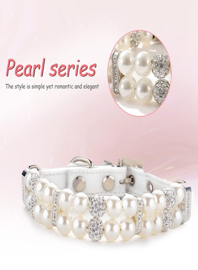 HOWWFALY Dog Cat Pearl Collars with Crystal Rhinestone PU Leather Collars Necklace Adjustable Collar Dog Chain Cat White Pearl Pet Collar for Small Medium Pets - Image 2
