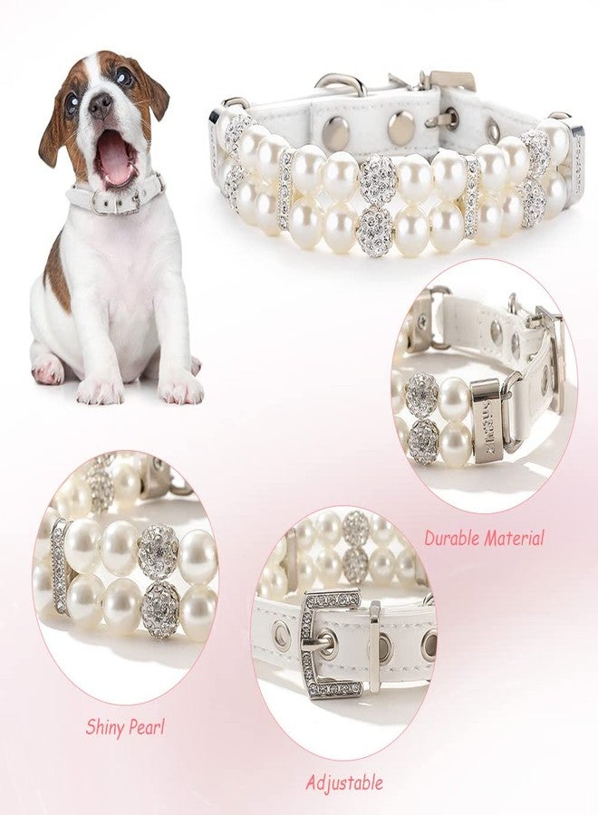 HOWWFALY Dog Cat Pearl Collars with Crystal Rhinestone PU Leather Collars Necklace Adjustable Collar Dog Chain Cat White Pearl Pet Collar for Small Medium Pets - Image 3