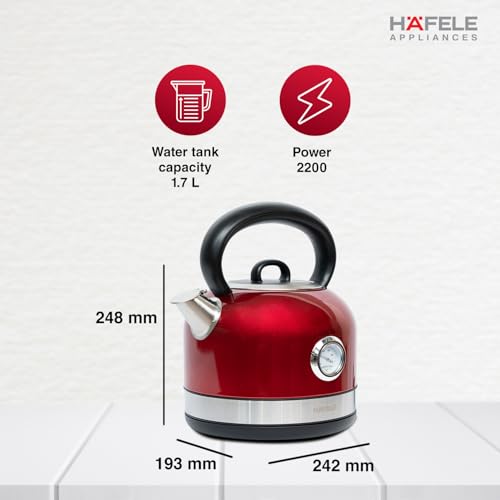 Hafele Dome Plus 2200W, 240V Electric Stainless Steel Kettle with Spout Cover with Analogue Temperature Display, Detachable Micro-Mesh Filter for Lime Scale Filtering, Easy Cleaning (1.7 L, Red) - Image 4