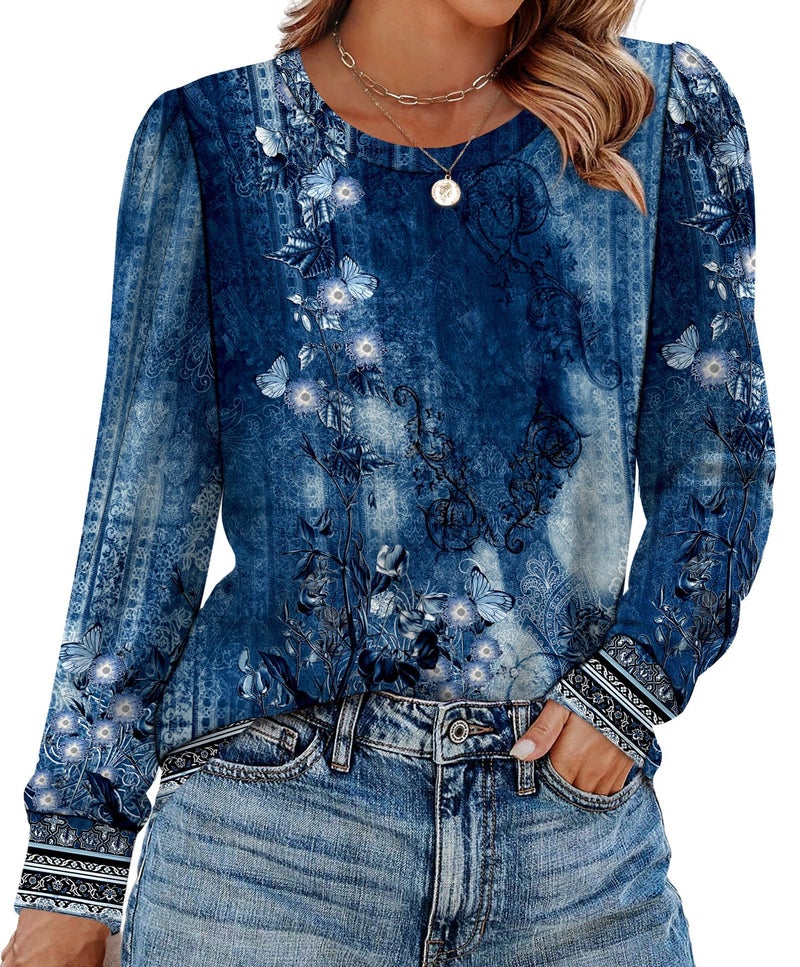 Alaroo Plus Size Tops for Women Boho Long Sleeve Shirts Fall Fashion Basic Crewneck Sweatshirts Trendy 2025 Print 13 2XL - Image 2