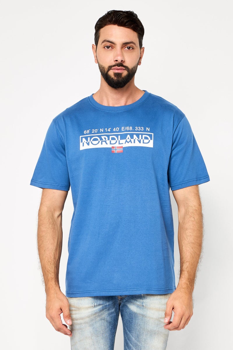 NorthLand Men Ribbed Collar Short Sleeve Brand Logo T-Shirt, Blue - Image 1