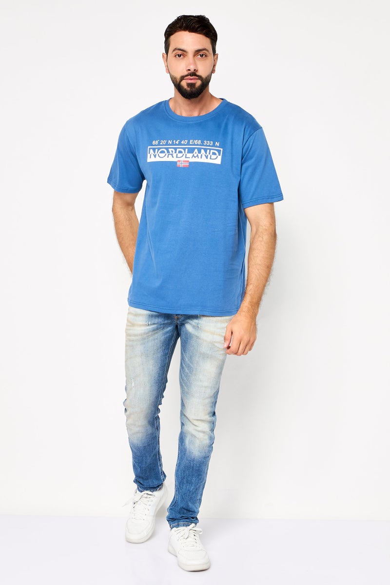 NorthLand Men Ribbed Collar Short Sleeve Brand Logo T-Shirt, Blue - Image 2