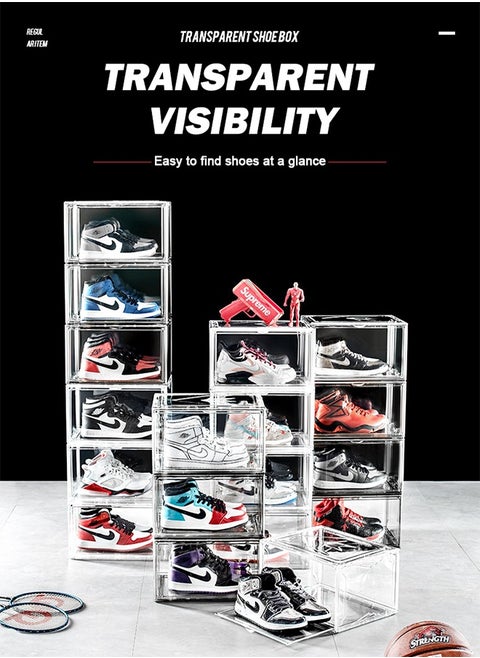 6 Pack Shoe Boxes Clear Plastic Stackable Sneaker Storage Boxes with Magnetic Door Acrylic Boxes for Display Side Open Shoe Box Clear Shoe Boxes Stackable Shoe Containers