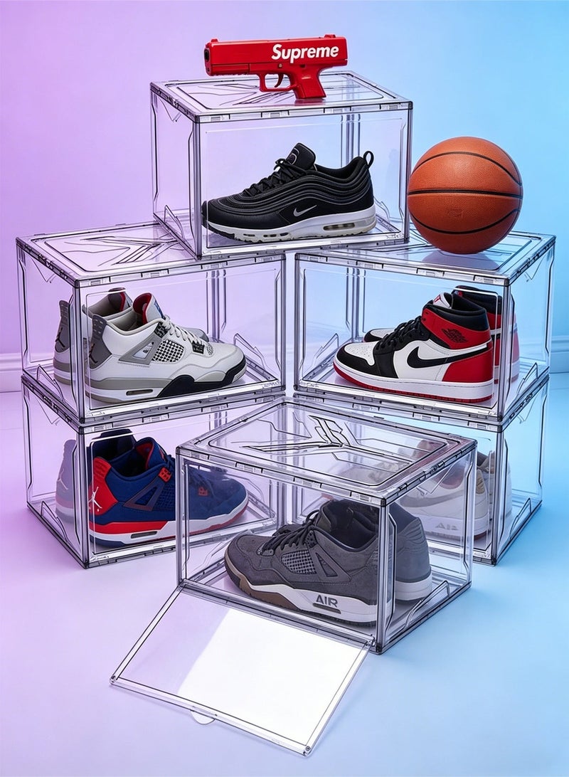 هومار كيت 6 عبوات صناديق أحذية بلاستيكية شفافة قابلة للتكديس صناديق تخزين للأحذية الرياضية مع باب مغناطيسي صناديق أكريليك لعرض صندوق الأحذية المفتوح الجانبي صناديق الأحذية الشفافة حاويات الأحذية القابلة للتكديس - Image 1