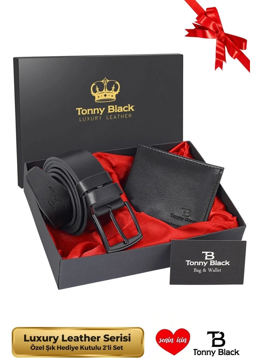 tonny black - Original Men's Special Gift Boxed Set of 2 Luxury Series Gift Accessory Box Dowry Wedding Groom Set for Father Stylish Classic Leather Belt and Wallet Set - Image 1