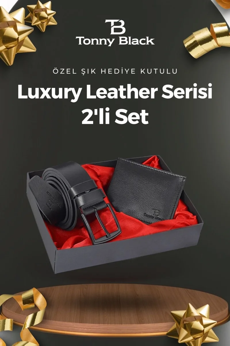 tonny black Original Men's Special Gift Boxed Set of 2 Luxury Series Gift Accessory Box Dowry Wedding Groom Set for Father Stylish Classic Leather Belt and Wallet Set