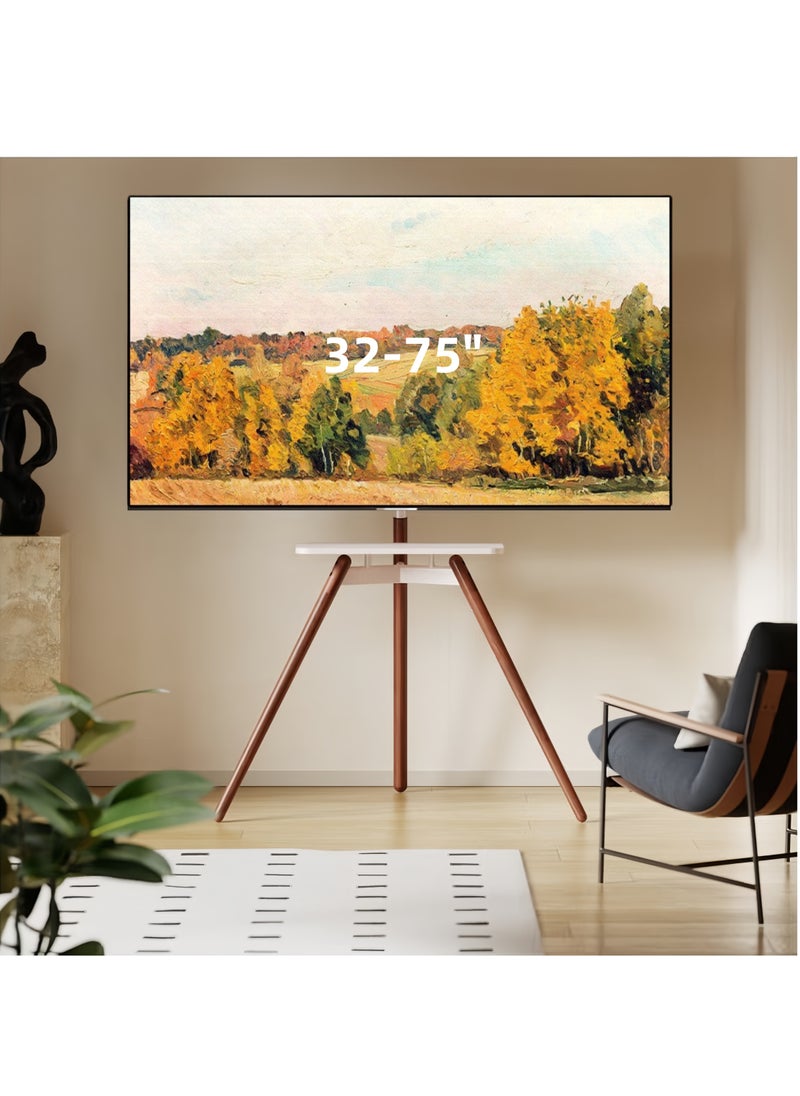 FlashHawk Tripod Floor TV Stand for 32-75 inch Screen TV, Height Adjustable, 15° Tilt Adjustable,TV Mount with Wooden Tray Cable Management, VESA 600*400 MM, Load-bearing 45 KG - White  - Image 1