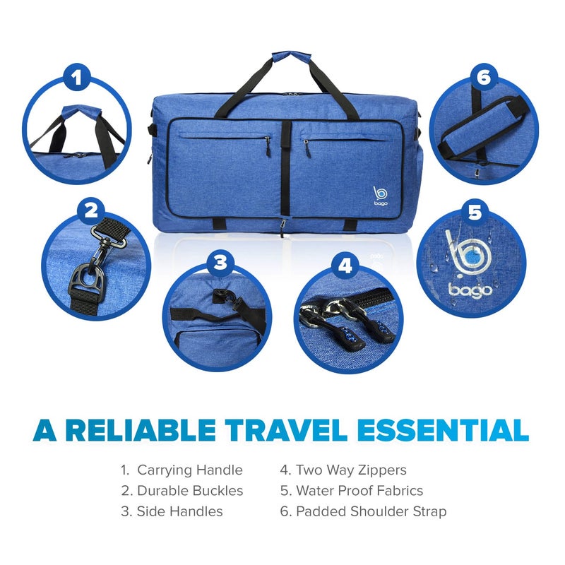 Bago Large Foldable Duffel Bags for Traveling Women & Men - 100L Packable Duffle Bag for Travel with Shoe Compartment - Water Repellant, Heavy Duty, Lightweight Folding & Collapsible (SnowDepBlue) - Image 3