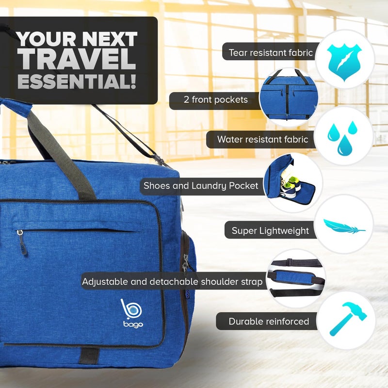 Bago Large Foldable Duffel Bags for Traveling Women & Men - 100L Packable Duffle Bag for Travel with Shoe Compartment - Water Repellant, Heavy Duty, Lightweight Folding & Collapsible (SnowDepBlue) - Image 2