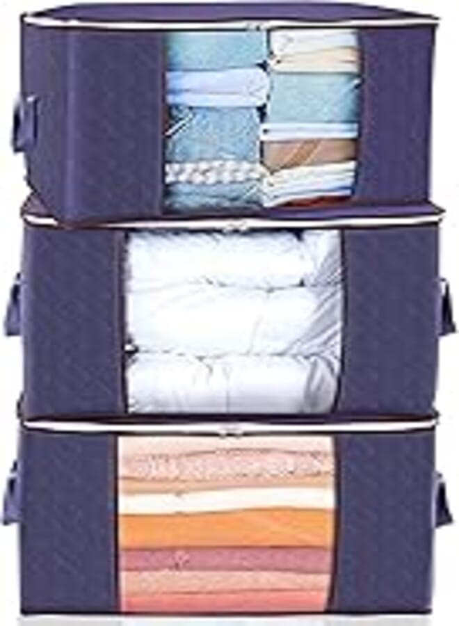 GVTECH Clothes Storage Bag Organizer, [3 Pack] Large Capacity Reinforced Handle Thick Fabric for Comforters, Blankets, Bedding, Foldable & Sturdy Zipper, Clear Window, Under Bed Storage (Navy Blue)