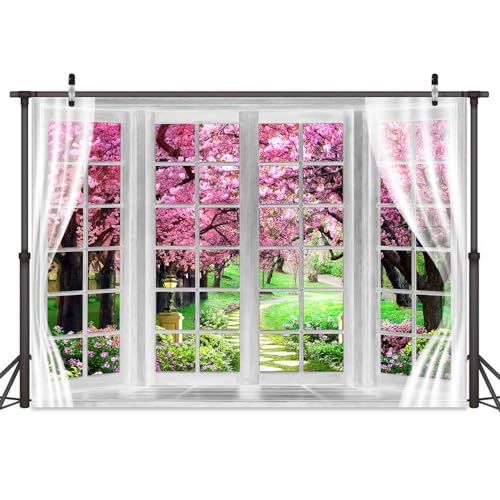 MERCHR Cherry Blossom Backdrop 10 x 8 ft Pink Spring Window Scenery Valentine's Day Phoography Background Garden Flower Tree Backdrop Polyester Banner for Baby Shower Birthday Wedding Photo Shoot Decoration - Image 3