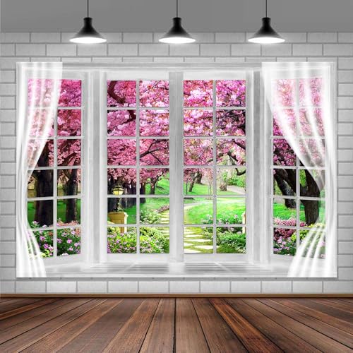 MERCHR Cherry Blossom Backdrop 10 x 8 ft Pink Spring Window Scenery Valentine's Day Phoography Background Garden Flower Tree Backdrop Polyester Banner for Baby Shower Birthday Wedding Photo Shoot Decoration - Image 2