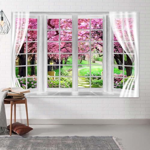 MERCHR Cherry Blossom Backdrop 10 x 8 ft Pink Spring Window Scenery Valentine's Day Phoography Background Garden Flower Tree Backdrop Polyester Banner for Baby Shower Birthday Wedding Photo Shoot Decoration - Image 4