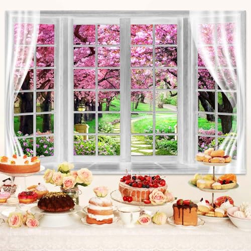 MERCHR Cherry Blossom Backdrop 10 x 8 ft Pink Spring Window Scenery Valentine's Day Phoography Background Garden Flower Tree Backdrop Polyester Banner for Baby Shower Birthday Wedding Photo Shoot Decoration - Image 5