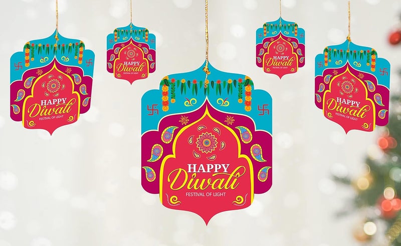 TOYXE Paper Hanging Printed Happy Diwali Festival of Lights for Diwali Decoration Set of 10 Pcs - Image 1