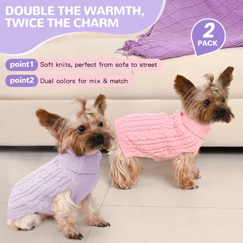 Lorehelina 2 Pack Dog Sweaters for Small Dogs Winter Turtleneck Pullover Cable Knit Fleece Stretch Puppy Doggie Chihuahua Toy Poodle Yorkie Pomeranian Boy Girl Pet Clothes (XS, Pink & Purple) - Image 2