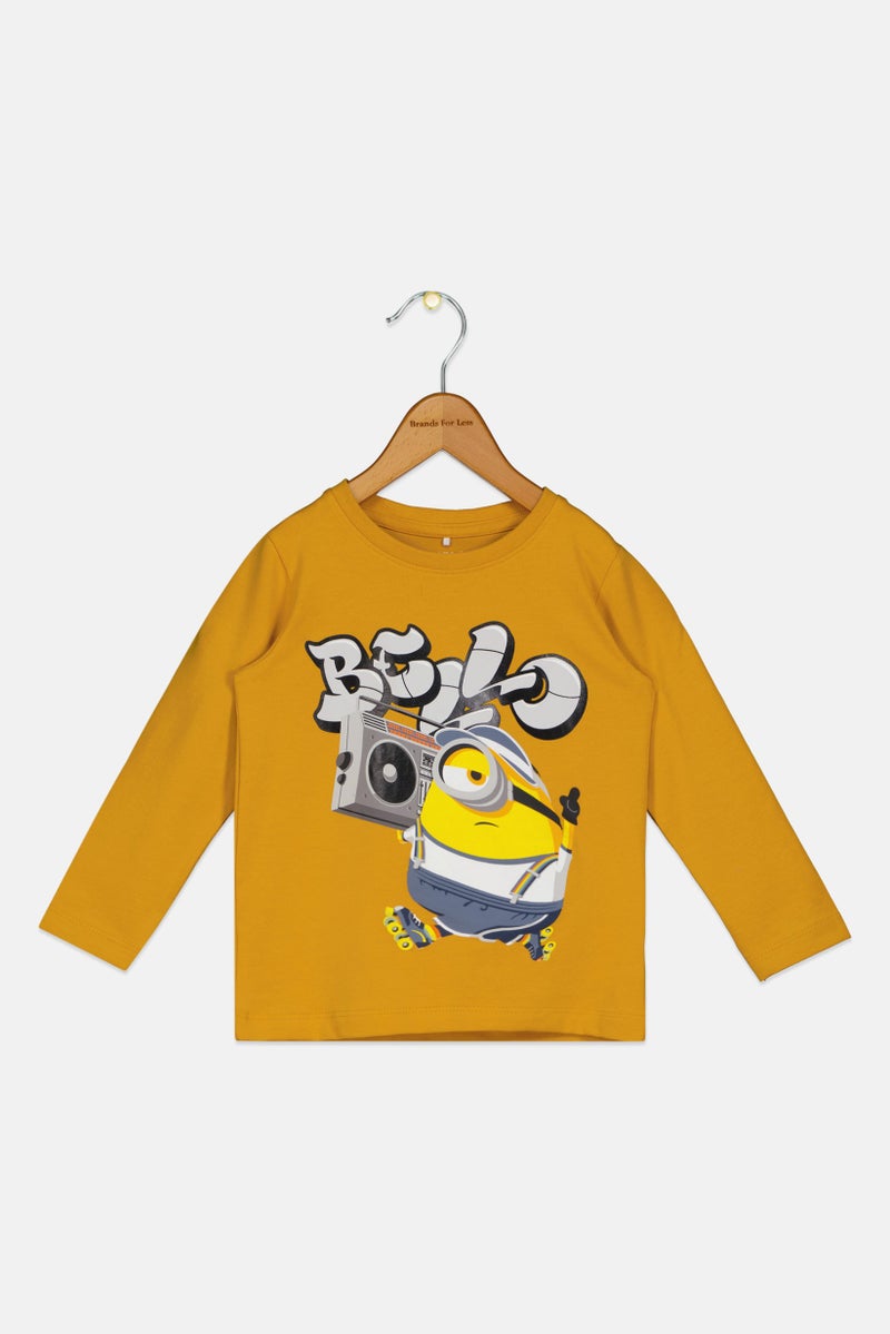 NAME IT تي شيرت طويل الأكمام بطباعة جرافيك للأولاد من نيم إت × مينيونز، خردل - Image 1