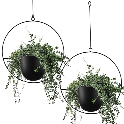 ABETREE 2 Pcs Hanging Planters for Indoor and Outdoor Plants with Hooks and Chains, Metal Modern Wall Ceiling Planter Hangers Minimalist Flower Pot Holder Basket for Home Decor(Black) - Image 1