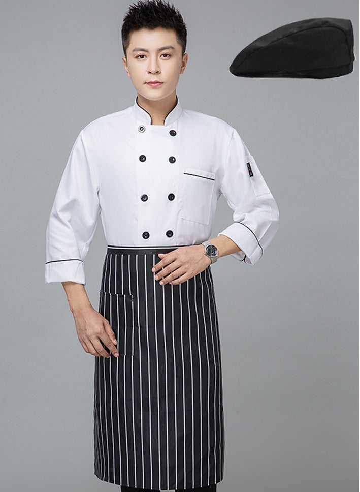 Loquat Chef Uniform Apron Suit Long Sleeves with a Hat Suitable For Hotel Western Restaurant White - Image 1