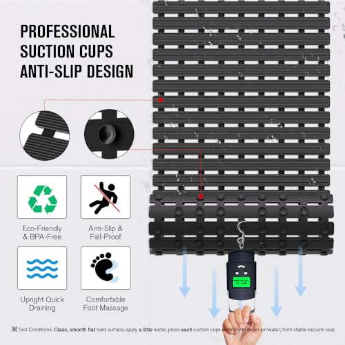 MBOSS Bath Tub Shower Mat Non Slip Bathtub Mats for Bathroom Shower Floor Mat Bath Mats for Shower Tub Anti Slip Shower Mat with Drain Hole and Large Suction Cups (Black, 37.5 X 15.7 Inch) - Image 3