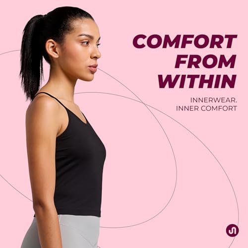 Bodyband Cotton Spaghetti Camisole for Women - Stretchable Slips With Adjustable Strap, Regular Fit Inner Cami Tops - L Black - Image 3