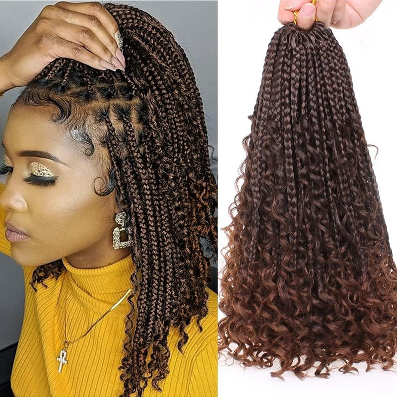 XTREND 14 Inch Goddess Box Braids Crochet Hair 8Packs Ombre Brown Boho Box Braids with Curly Ends Crochet Braids Synthetic Braiding Hair Extension T30 14 Inch Pack of 8