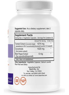 BESTVITE Curcumin 510Mg (Turmeric)(240 Vegetarian Capsules) (120 X 2) With Curcumin C3 Complex & Bioperine Standardized To 95% Curcuminoids No Stearates Vegan Non Gmo Gluten Free  - Image 2