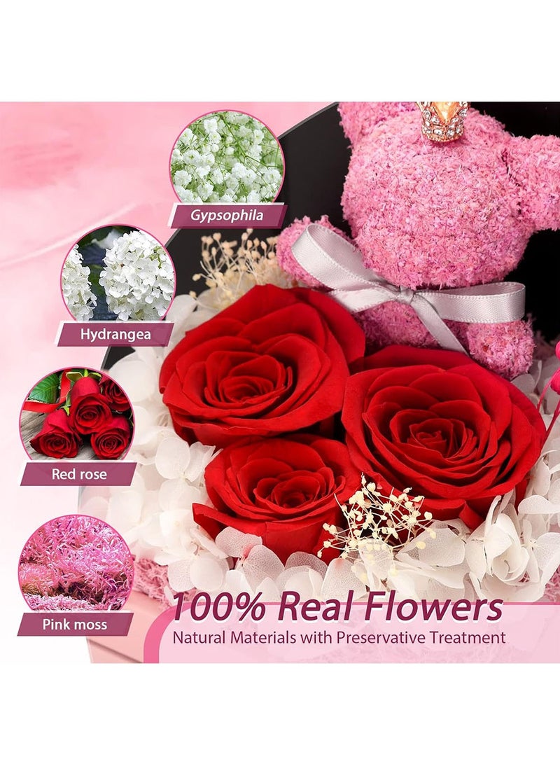 Moss Bear with Three Red Roses Forever Flowers Gift Box with Sterling Silver 925 Necklace for Mom, Wife, Girlfriend, Gifts for Her, Mothers Day, Anniversary, Birthday Gifts for Women - Image 2