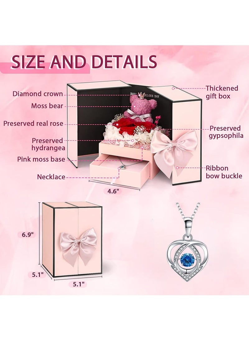 Moss Bear with Three Red Roses Forever Flowers Gift Box with Sterling Silver 925 Necklace for Mom, Wife, Girlfriend, Gifts for Her, Mothers Day, Anniversary, Birthday Gifts for Women - Image 4