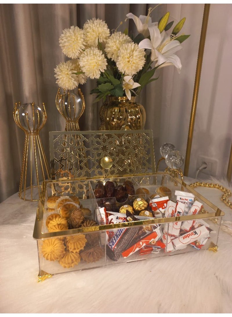 A cake box designed with 4 compartments, equipped with 4 small legs that give it stability on any surface, making it practical to use, whether for serving or storing. Equipped with a gripping ribbon at the ends, suitable for serving on occasions or for daily use. Its shape is elegant and easy to carry and transport. Size: 25*25cm, depth: 8cm. - Image 5