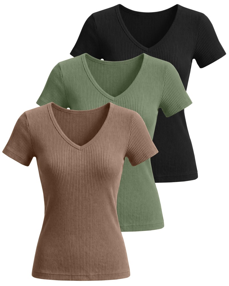 Ficerd 3 Pack Women's Short Sleeve Cotton T-Shirts V Neck Ribbed Slim Fit Tops Ladies' Casual Summer Basic Tee(Black, Matcha Green, Khaki,Medium) - Image 3