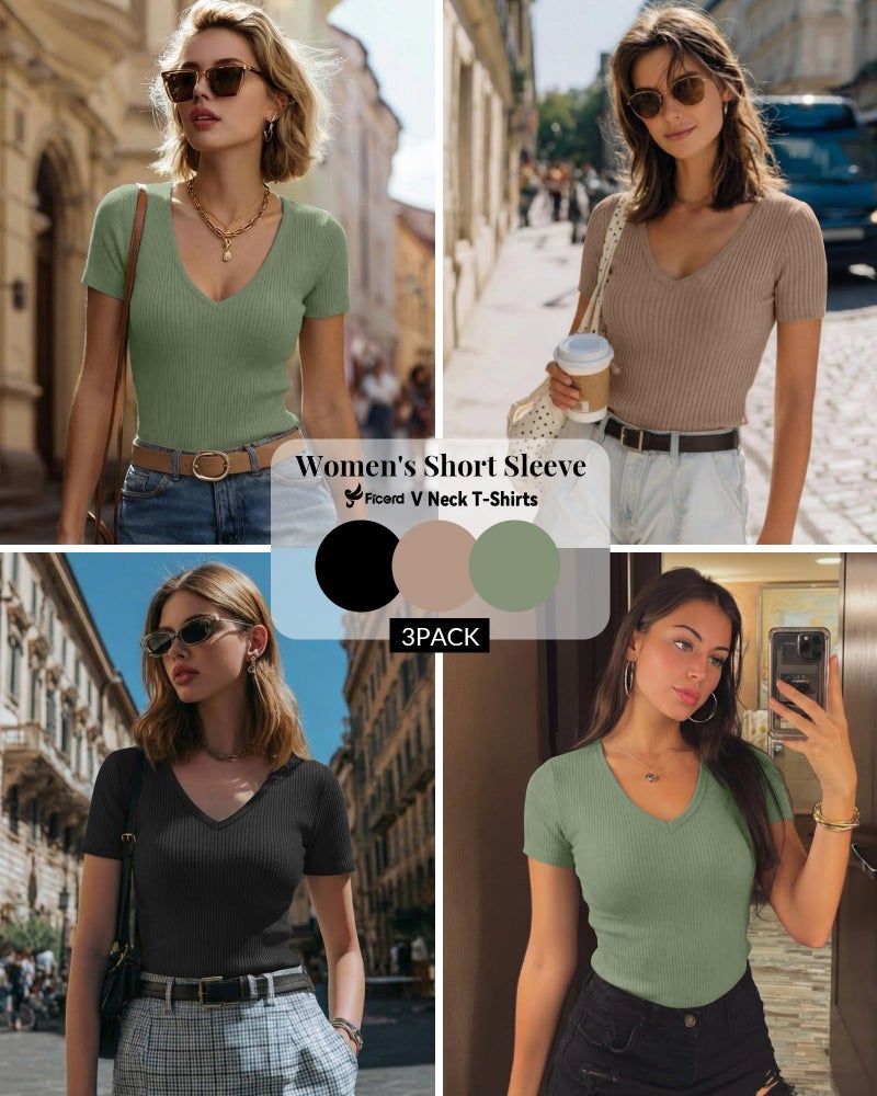 Ficerd 3 Pack Women's Short Sleeve Cotton T-Shirts V Neck Ribbed Slim Fit Tops Ladies' Casual Summer Basic Tee(Black, Matcha Green, Khaki,Medium) - Image 2