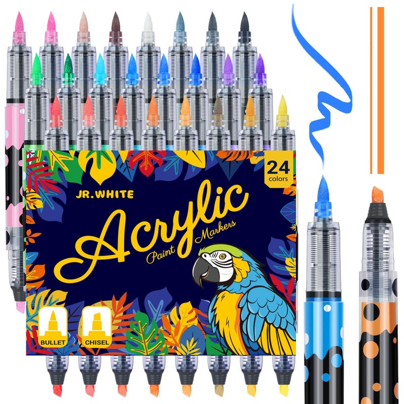 JR.WHITE 24 Colors Acrylic Paint Markersâ€“ Dual Brush & Chisel Tip with Auto Flow, Ideal Christmas Gifts for Family Water-Based Markers, Vivid Opaque Colors for DIY Crafts, Rock, Wood, Canvas, Glass - Image 1