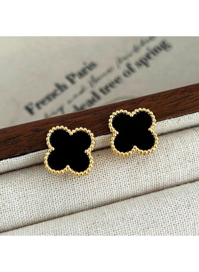 أقراط الحمراء السوداء - أقراط فاخرة على شكل زهرة البرسيم ذات الأربع أوراق للنساء - مطلية بالذهب على طراز الحمراء مع تطعيم من العقيق الأسود - مجوهرات كلاسيكية أنيقة - Image 3