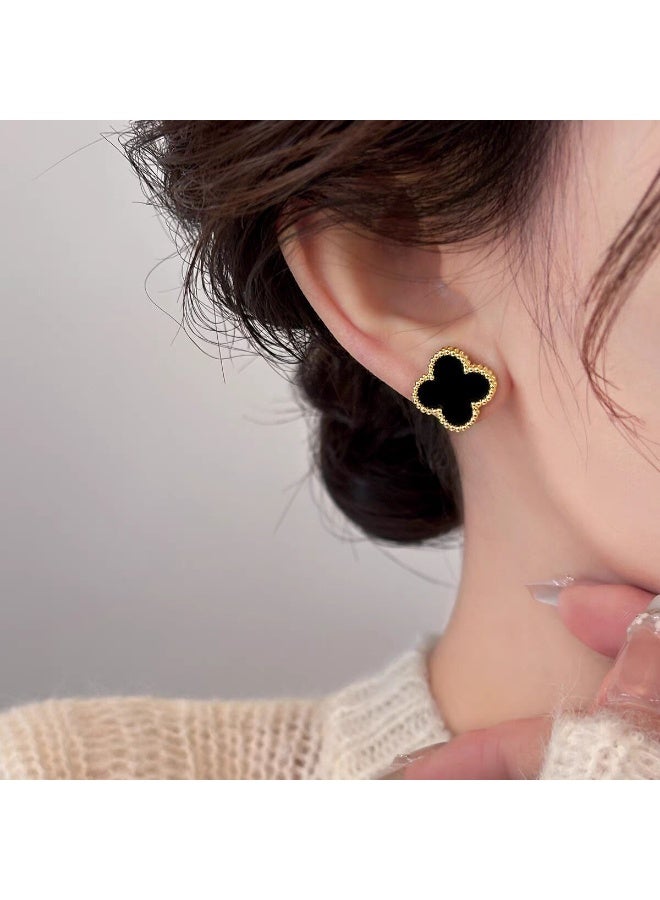 أقراط الحمراء السوداء - أقراط فاخرة على شكل زهرة البرسيم ذات الأربع أوراق للنساء - مطلية بالذهب على طراز الحمراء مع تطعيم من العقيق الأسود - مجوهرات كلاسيكية أنيقة - Image 5