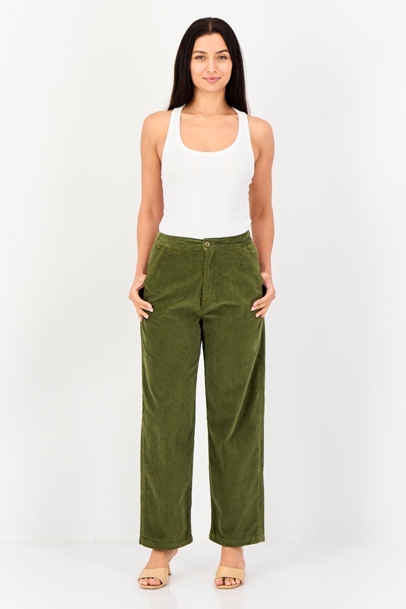 Reiko Women Regular Fit Corduroy Pants, Olive - Image 4