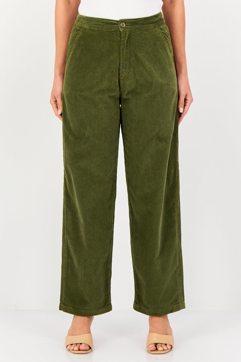 Reiko Women Regular Fit Corduroy Pants, Olive - Image 1