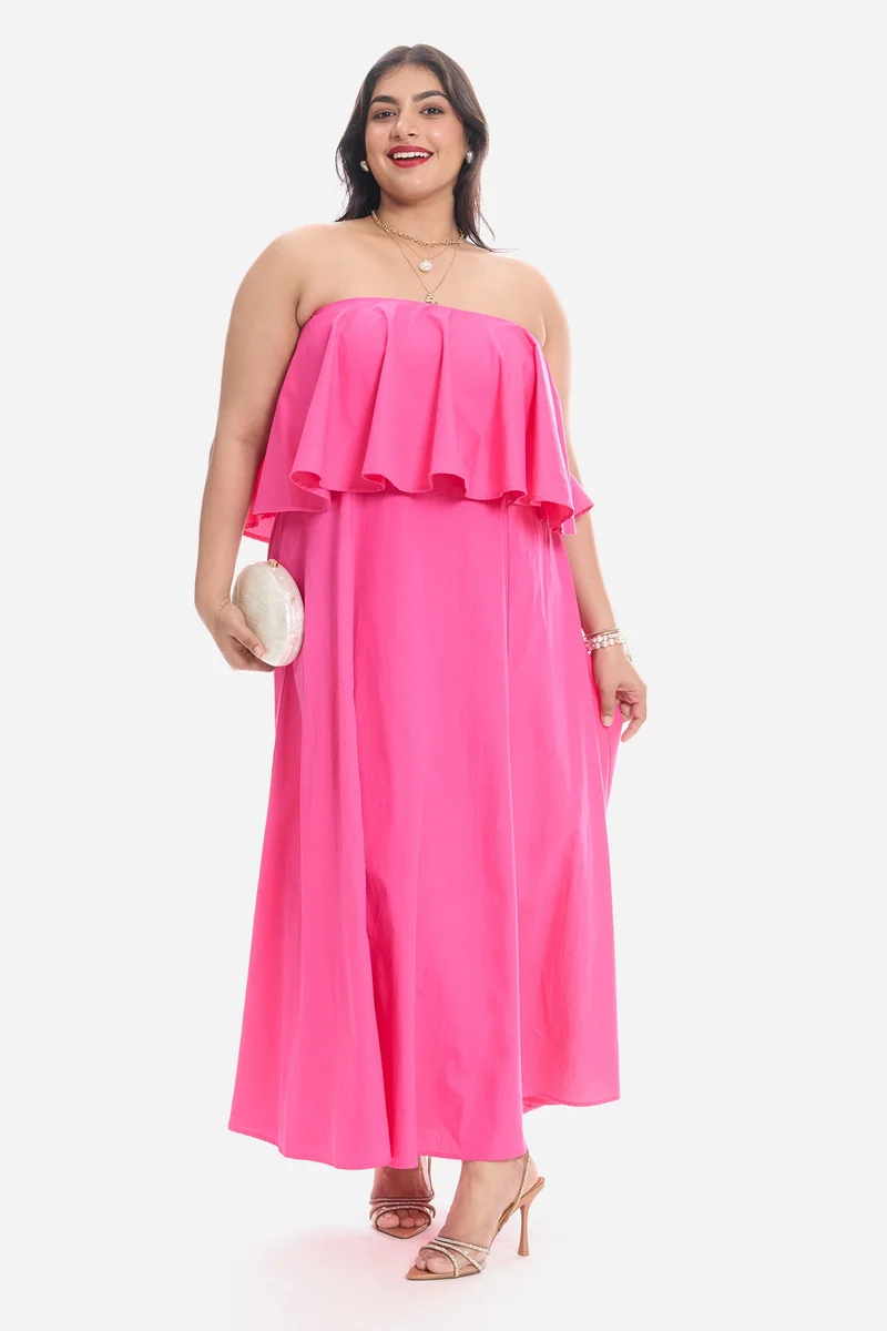 فيرجيو Solid Cotton Peplum Bodice Maxi Plus Size Dress for Women
