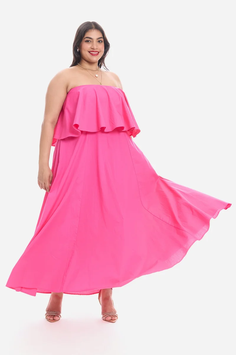 فيرجيو Solid Cotton Peplum Bodice Maxi Plus Size Dress for Women
