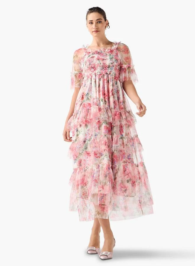 2Xtremz 2Xtremz Floral Print Midi Dress with Ruffle Detail