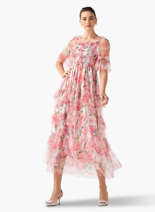 2Xtremz 2Xtremz Floral Print Midi Dress with Ruffle Detail